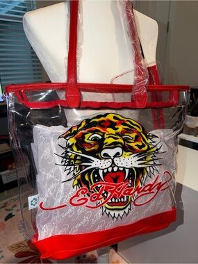 Ed Hardy Clear Tote with Red Trim and Multicolor Tiger Graphic